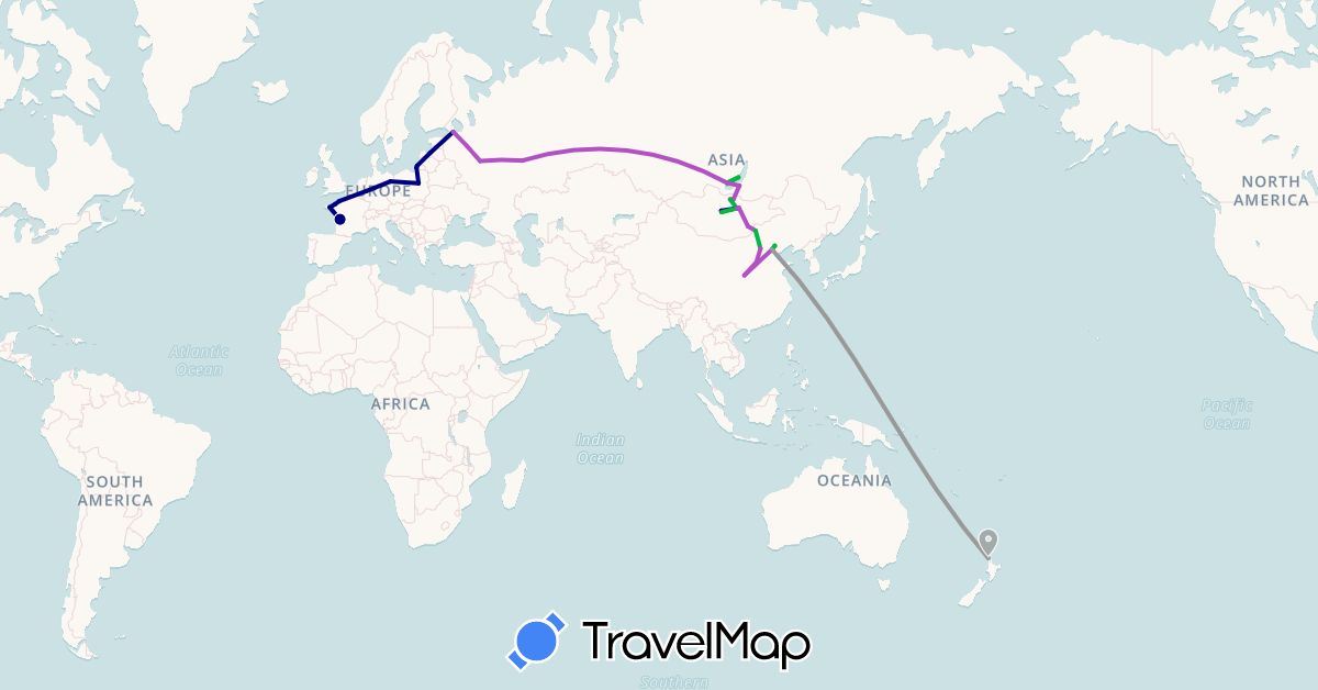 TravelMap itinerary: driving, bus, plane, train in China, Germany, France, Latvia, Mongolia, New Zealand, Poland, Russia (Asia, Europe, Oceania)